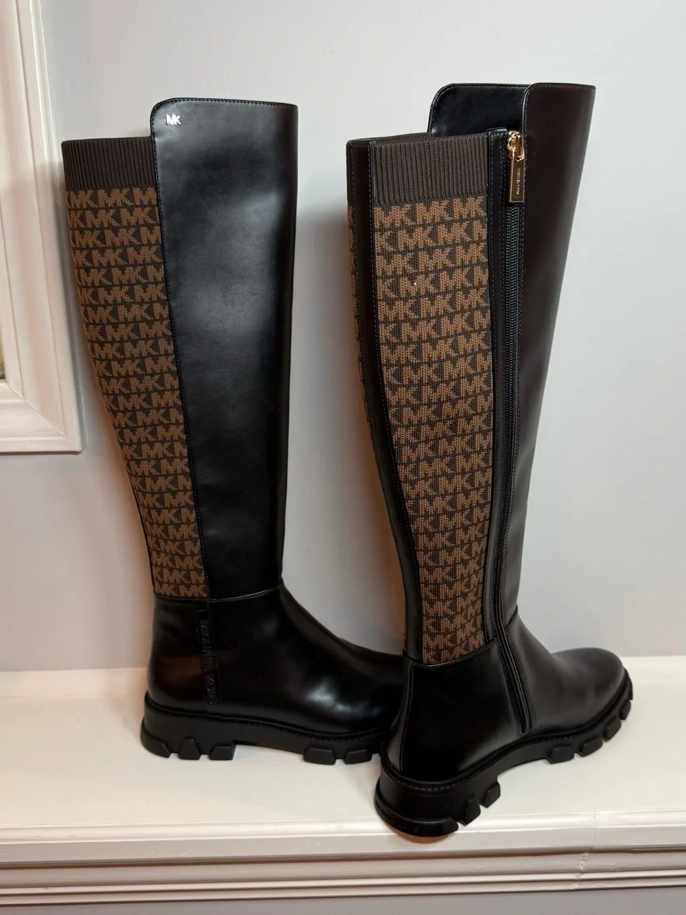 Michael Kors Black Leather & Brown Logo Tall Riding Boots